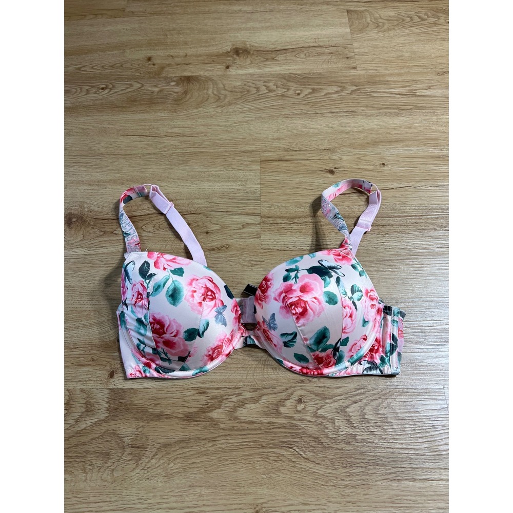 Victorias Secret Very Sexy Push Up Bra Pink Floral Rhinestone Logo Strap 36C